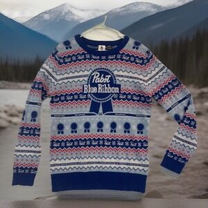 Pabst‎ Blue Ribbon Ugly Christmas Sweater Blue Beer Milwaukee Mens L Dad, Gift